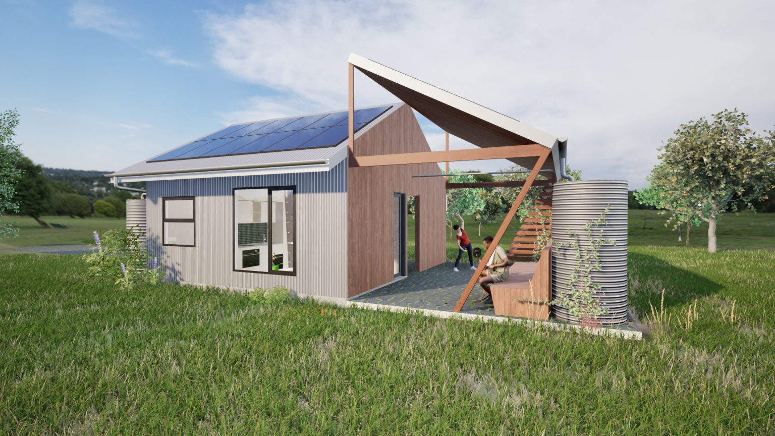 Eco-friendly tiny house with solar panels.