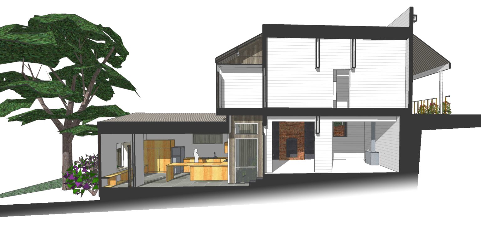 3D house section with trees and interior view.